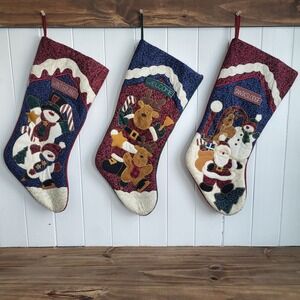 3 Vintage Quilted American Folk Art Christmas Stockings Santa Snowman Reindeer